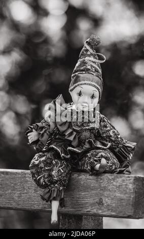 Erstaunlich realistische vintage Porzellan Puppe, Spielzeug, Harlekin, selektiver Fokus Stockfoto