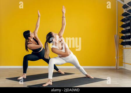 Zwei junge Frauen üben Yoga, machen Übungen, Training, weibliche Studenten trainieren in einem Sportclub, Studio Stockfoto