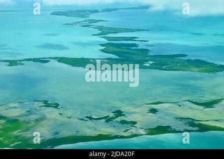 Luftaufnahme eines Atolls umgeben von klarem, türkisfarbenem Wasser in Belize, Mittelamerika. Stockfoto