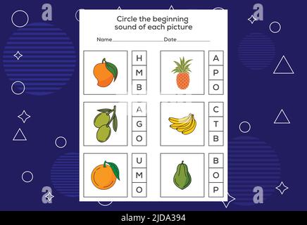 Kreisen Sie den Anfangsound jedes Bildes ein. Lernspiel für Kinder Stock Vektor