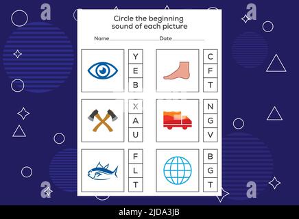 Kreisen Sie den Anfangsound jedes Bildes ein. Lernspiel für Kinder Stock Vektor