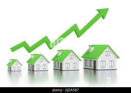 Konzept der steigenden Hauspreise. Wachsende Immobilien Grafik grüner Pfeil - 3D Rendering Stockfoto