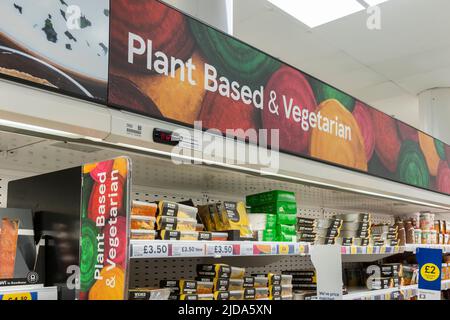 Pflanzenbasierte und vegetarische Schilder- und Lebensmittelprodukte in Supermarktregalen in Tesco, Großbritannien Stockfoto