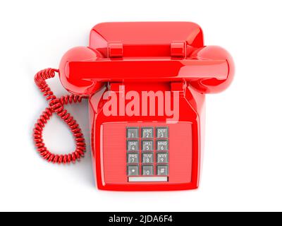 Rotes Telefon. Ansicht des Vintage Retro-Druckknopftelefons isoliert auf Weiß. 3D Abbildung Stockfoto