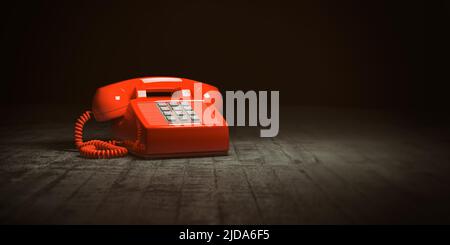 Rotes Telefon auf schmutzigem Hintergrund. Vintage Retro-Druckknopftelefon. 3D Abbildung Stockfoto