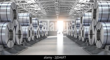 Kaltgewalzte Stahlspule im Lagerhaus des Werks. Herstellung von Stahlblechen in Rollen und gewalzten Metallprodukten. 3D Abbildung Stockfoto