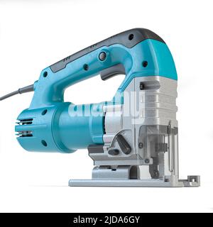 Elektrische Stichsäge isoliert auf weiß. Elektrowerkzeug für Zimmermann. 3D Abbildung Stockfoto
