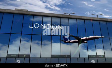 Flugzeuge landen in London, England, Großbritannien 3D Rendering Illustration. Ankunft in der Stadt mit dem Flughafen-Terminal aus Glas und Reflexion des Düsenflugzeugs. Tr Stockfoto