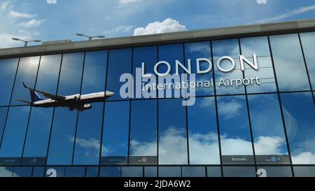 Flugzeuge landen in London, England, Großbritannien 3D Rendering Illustration. Ankunft in der Stadt mit dem Flughafen-Terminal aus Glas und Reflexion des Düsenflugzeugs. Tr Stockfoto