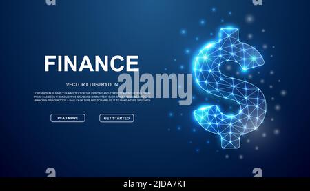 Dollar 3D Low-Poly-Symbol mit verbundenen Punkten für blaue Landing Page. Economy Design Illustration Konzept. Polygonale Abbildung der Finanzabteilung Stock Vektor