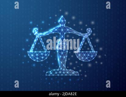 Skaliert polygonales Symbol mit binärem Code-Hintergrund. Justice Konzept Design Vektor Illustration. Blaues Gesetz Low-Poly-Symbol mit verbundenen Punkten Stock Vektor