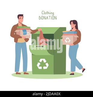 Recycling von gebrauchter Kleidung. Ein Mann und eine Frau brachten ihre Kleidung und legten sie in einen Behälter, um sie zu recyceln und anschließend nachhaltige Mode zu schaffen. Flache Vektorgrafik, Cartoon-Stil. Stock Vektor