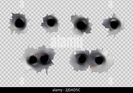 Einschusslöcher von Pistole oder Pistole. Schießen Sie in Metall Einzel-und Doppel-Loch. Beschädigungen und Risse an der Oberfläche. Vektor auf Hintergrund isoliert Stock Vektor