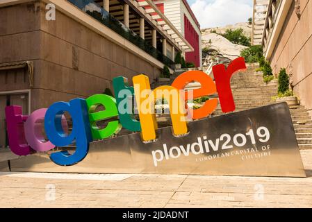 Bulgarien Plovdiv Kulturhauptstadt Europas 2019 unterzeichnet in Plovdiv, Bulgarien, Osteuropa, Balkan, EU Stockfoto