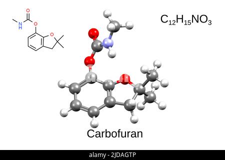 Chemische Formel, Skelettformel und 3D Ball-and-Stick-Modell von Carbamat Insektizid Carbofuran, weißer Hintergrund Stockfoto