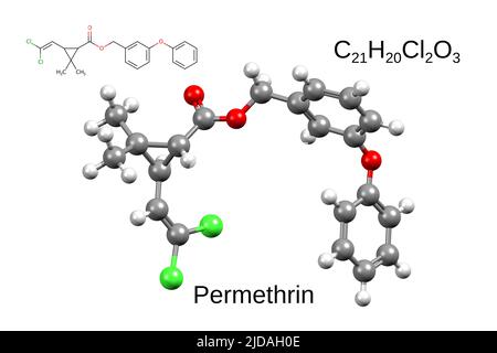 Chemische Formel, Skelettformel und 3D Ball-and-Stick-Modell des Insektizid Permethrin Stockfoto