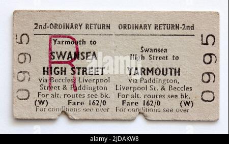 1960s British Rail Train Ticket Swansea nach Yarmouth Stockfoto