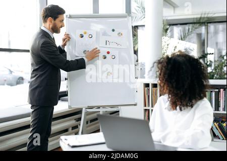 Der selbstbewusste, intelligente kaukasische Geschäftsmann, ceo, steht in einem modernen Büro und präsentiert sein Arbeitsprojekt auf einem Whiteboard seiner Kollegin, einer afroamerikanischen Frau, die mit einem Laptop auf einem Schreibtisch sitzt Stockfoto