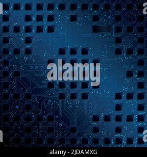 Komplexe Leiterplatte mit mehreren quadratischen Chips, die durch blaue Linien verbunden sind, wobei sich die Informationen auf einem dunkelblauen Hintergrund bewegen. Vektorbild Stock Vektor