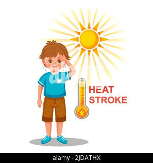 Hitzschlag, Sonnenschlag auf heiße Sommersonne. Schwitzender Junge mit Hitzschlag. Überhitzung, Austrocknung bei hohen Temperaturen an sonnigen Tagen, Sonnenbrand. Vektor Stock Vektor