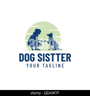 Mensch und Hund Silhouette Vektor-Design-Logo unter dem Mond, Hund Sitter, Hund Liebhaber Illustration. Stock Vektor