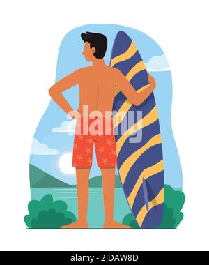 Junger Mann hält Surfbrett am Strand für die Sommeraktivitäten genießen. Stock Vektor