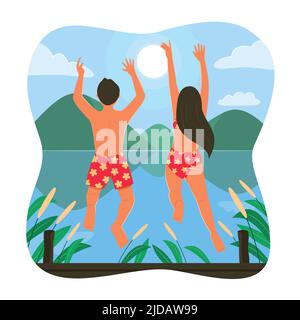 Teenager, die in den See springen, um die Sommersaison zu genießen. Stock Vektor