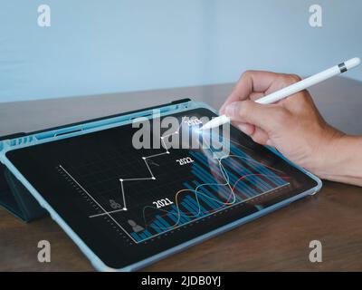 Hand des Geschäftsmannes verwenden Stift Punkt auf Tablet-Bildschirm zeigen Analyse Stock Balkendiagramm für Ziel 2023. Analysten präsentieren einen Geschäftsplan mit einem Diagramm Stockfoto