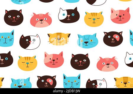 Katze Kopf Emotion Cartoon grenzenlose Textur. Niedliche Kätzchen kawaii Gesichter endlose Gestaltung Scrapbook. Lustige Katzen kindisch Baby Doodle wiederholen Ornament. Hintergrund Print Vorlage Tapete, Verpackung, Textil Stock Vektor