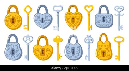 Schloss und Schlüssel Cartoon vintage Icon Set. Altes Vorhängeschloss für Sicherheits- und Sicherheitsschutz-Designelement. Privater Zugang Symbol verschiedene Formen Schlüssel und Schlösser Zeichen sperren Privatsphäre Vektor Stock Vektor