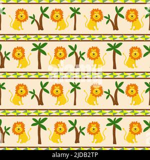 Pattern with ornament, lions and palm trees. Vector illustration.  Stock Vektor