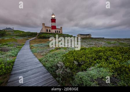 Holzsteg über das Moorland, der zum Cape Agulhas Leuchtturm am Cape Agulhas führt, dem südlichsten Punkt des afrikanischen Kontinents und... Stockfoto