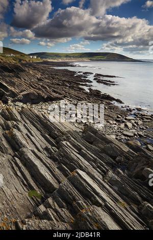 Eine felsige Küste an der zerklüfteten Atlantikküste am Baggy Point in der Nähe der Croyde Bay in Devon; Südwestengland, Großbritannien, Großbritannien Stockfoto