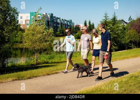 Eine Familie mit zwei Söhnen im Teenageralter spaziert an einem schönen sonnigen Tag mit ihrem Hund in einem Park in Edmonton, Alberta, Kanada Stockfoto