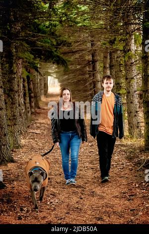 Eine Mutter mit Epilepsie verbringt viel Zeit im Freien mit ihrem Sohn, der an dem Asperger-Syndrom leidet, und seinem Diensthund Westlock, Alberta, Kanada Stockfoto