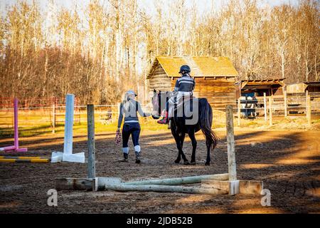 Ein Trainer, der mit einem jungen Mädchen mit Zerebralparese während einer Hippotherapiesitzung arbeitet; Westlock, Alberta, Kanada Stockfoto