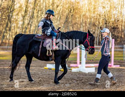 Ein Trainer, der mit einem jungen Mädchen mit Zerebralparese während einer Hippotherapiesitzung arbeitet; Westlock, Alberta, Kanada Stockfoto