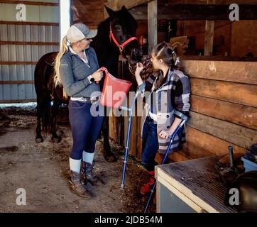 Ein junges Querschnittslähmung füttert ein Pferd mit ihrem Trainer während einer Hippostherapie-Sitzung; Westlock, Alberta, Kanada Stockfoto