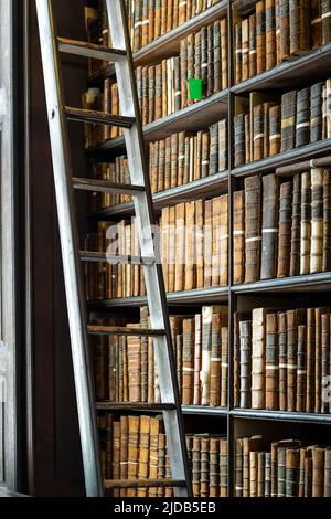 Dublin, Irland - 2. Juni 2022: Der Long Room der alten Bibliothek am Trinity College. Marmorbüsten von großen Menschen und Regale mit antiken zu Stockfoto