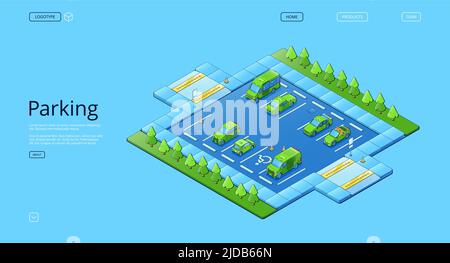 Parkbanner mit isometrischer Darstellung von Autos, Bäumen und Straßenschildern, mit Platz für Behinderte. Vektor-Landing-Page-Vorlage für Auto-Parkplatz mit ein- und Ausgang Stock Vektor