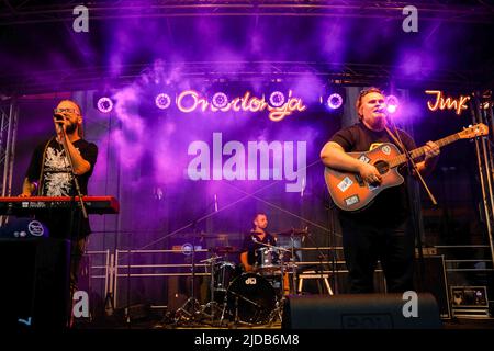 Die weißrussische Reggae-Band Botanic Project, die wegen Repression aus Weißrussland und wegen Krieg aus der Ukraine geflohen ist, tritt beim Konzert im Zentrum von Warschau auf. Belarussische Musiker hatten ein Konzert im Zentrum von Warschau als letzten Teil für das belarussische intellektuelle Buchfestival 'Pradmova' (aus Belarussisch bedeutet es 'Vorwort'). Einige Musiker wurden während der Massenproteste in Belarus nach den Präsidentschaftswahlen am 9. August 2020 festgenommen oder hatten eine andere Art von Repression. Aus Sicherheitsgründen waren viele weißrussische Musiker, Dichter, Schriftsteller und Kulturschaffende gezwungen, das Land zu verlassen. Einige Stockfoto