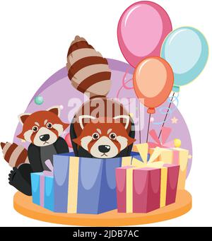 Zwei rote Pandas mit Geschenkschachteln und Luftballons Illustration Stock Vektor