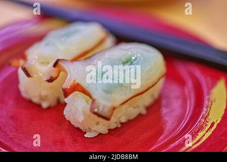 Frisches Oktopus-Sushi auf rotem Gericht, Nahaufnahme frisches Oktopus-Sushi, verschwommener Hintergrund von Essstäbchen. Gesundes japanisches Essen. Stockfoto