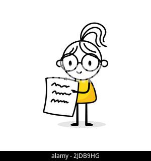 Geschäftsfrau hält ein Blatt Papier auf weißem Hintergrund. Handgezeichnete Doodle-Frau. Vektorgrafik. Stock Vektor