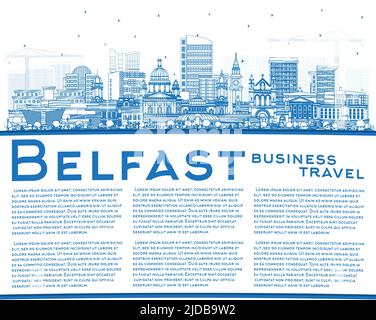 Skizzieren Sie die Skyline von Belfast Northern Ireland City mit blauen Gebäuden und Kopierflächen. Vektorgrafik. Stadtbild von Belfast mit Wahrzeichen. Stock Vektor