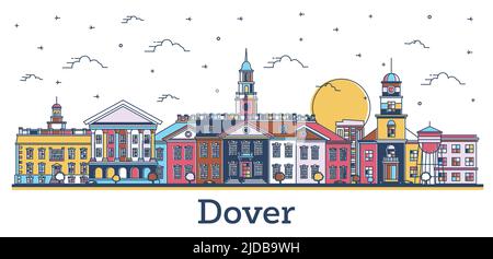 Skizzieren Sie die Skyline von Dover Delaware City mit farbigen historischen Gebäuden, die auf Weiß isoliert sind. Vektorgrafik. Dover USA Stadtbild mit Wahrzeichen. Stock Vektor