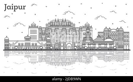 Skizzieren Sie Jaipur India City Skyline mit historischen Gebäuden und Reflektionen isoliert auf Weiß. Vektorgrafik. Stadtbild von Jaipur mit Wahrzeichen. Stock Vektor