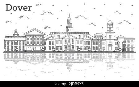 Skizzieren Sie die Skyline von Dover Delaware City mit historischen Gebäuden und Reflektionen, die auf Weiß isoliert sind. Vektorgrafik. Dover USA Stadtbild mit Wahrzeichen Stock Vektor