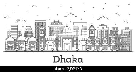 Skizzieren Sie die Skyline von Dhaka, Bangladesch, mit historischen Gebäuden, die auf Weiß isoliert sind. Vektorgrafik. Dhaka Stadtbild mit Wahrzeichen. Stock Vektor