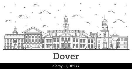 Skizzieren Sie die Skyline von Dover Delaware City mit historischen Gebäuden, die auf White isoliert sind. Vektorgrafik. Dover USA Stadtbild mit Wahrzeichen. Stock Vektor